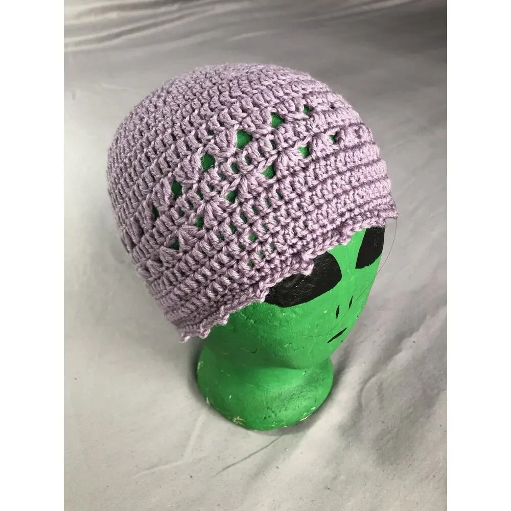 Hand Crocheted Beanie Cap Hat‎ Lavender/Lilac Size Large Handmade Boho Hippie
